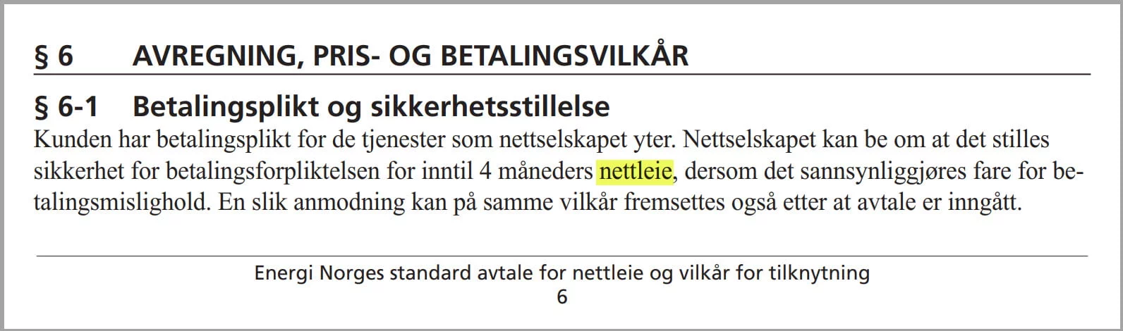 paragraf-6.1-i-nettleieavtale § 6-1 betlingsplikt og sikkerhetsstillelse